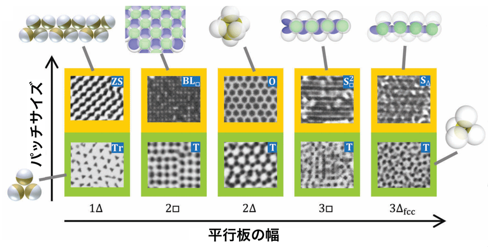 クリックやタップで拡大 <dfn class="fig">図4</dfn>:<span class="qrinews-figure-title">1 パッチ粒子系の秩序構造</span> 1 パッチ粒子を平行板に閉じ込めると、パッチサイズや平行板の幅に応じて秩序構造が劇的に変化する。<a href="#app1" class="link-to-lower-part"><cite class="article"><span class="i">Iwashita et al</span>. (2017)</cite></a>の図を改変。